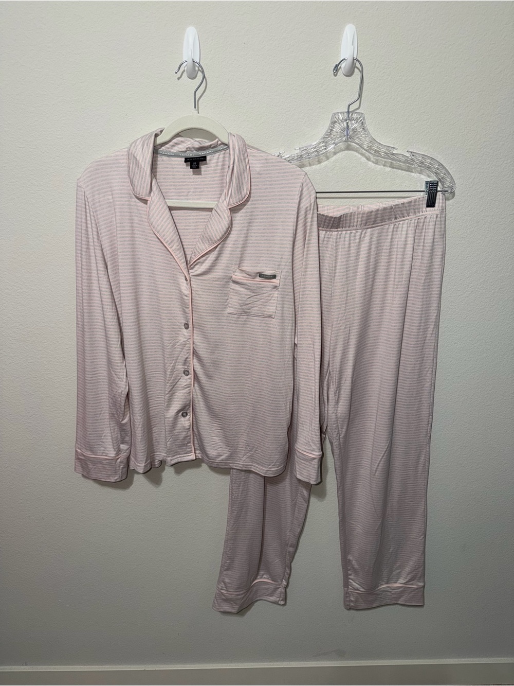 Tahari Light Pink Striped Pajama Set - Button Front Top & Elastic Waist Pants